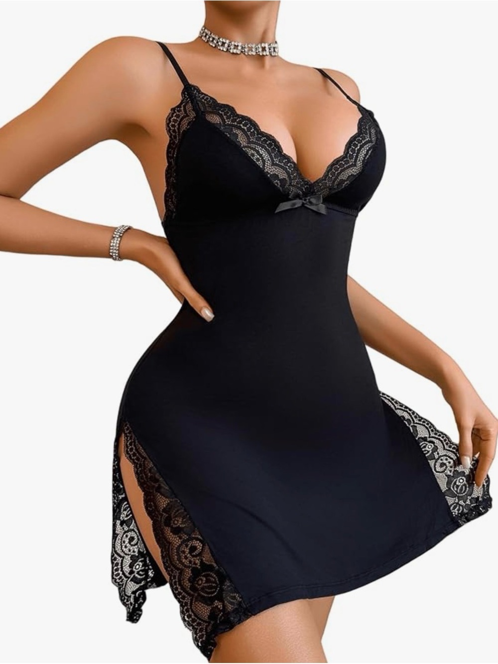 Mijoho Womens Black Lace-Trim Slip Nightdress and Thong Panty Set New